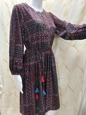 Women’s Black & Red Printed Long Sleeve Boho Dress